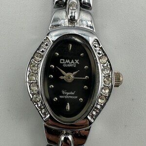 3/$30 Omax Watch Women Silver Black Oval Dial Crystal Accent Waterproof 8 Inch